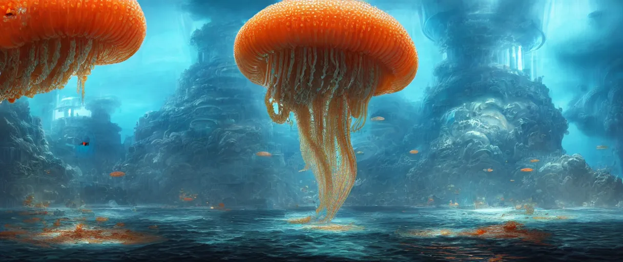 Image similar to hyperrealistic hyper detailed underwater neo-rococo city of atlantis surrounded by giant pearlescent jellyfish matte painting concept art maciej kuciara gustave courbet cinematic soft orange lighting low angle hd 8k sharp shallow depth of field