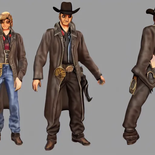 Image similar to model sheet of a wild west outlaw in a ps2 jrpg, 3d render