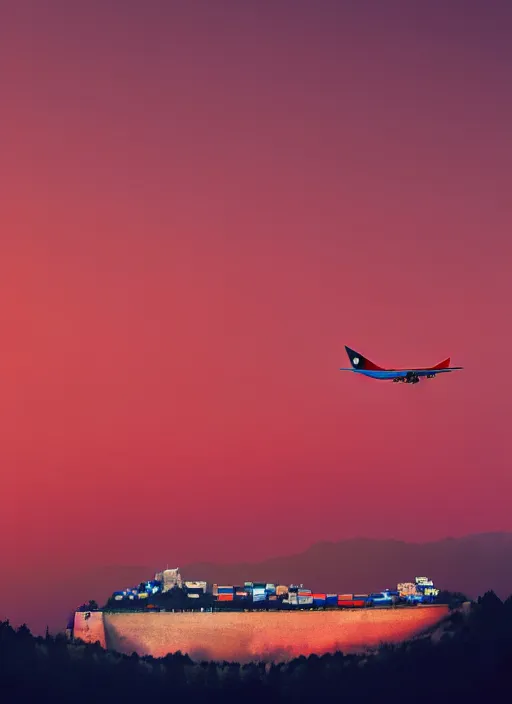 Prompt: no man's sky freighter over forte belvedere, red and blue hour, by ismail inceoglu