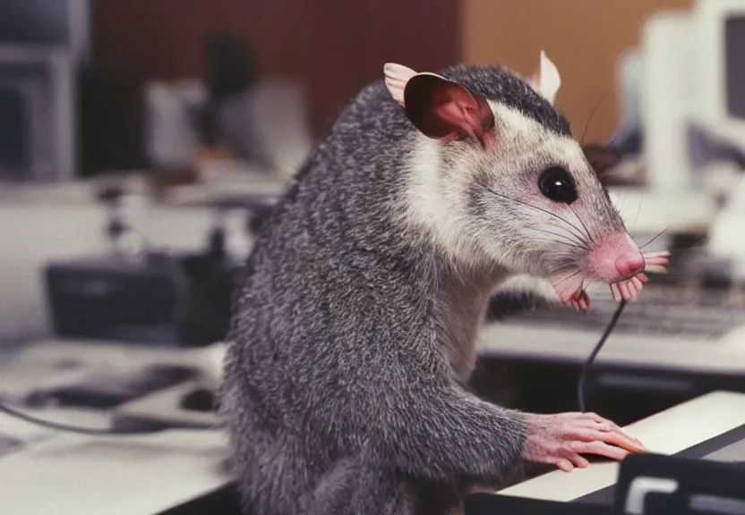 Image similar to possum dressed as an office worker, working on a desktop computer, in a 1980s office, old photo, colorized, trending on Artstation, award-winning