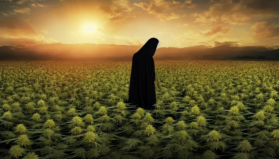 Image similar to the grim reaper walking in a cannabis field, sunset, global illumination, hyper - realistic, insanely detailed and intricate, cinematic, 8 k