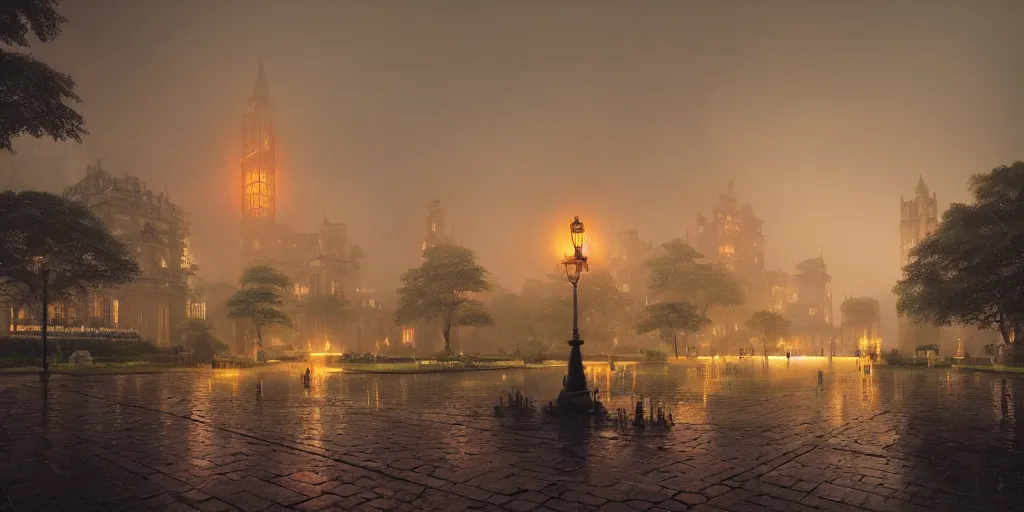 Image similar to beautiful render of glorious palace gardens, by lee madgwick and hubert robert, blade runner style, orange glow, vivid color, moody lighting, unreal engine, foggy