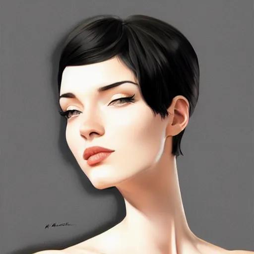 Image similar to slim girl in tuxedo with short black hair, elegant, 2d, ultra highly detailed, digital painting, smooth, sharp focus, artstation, portrait art by Ilya Kuvshinov