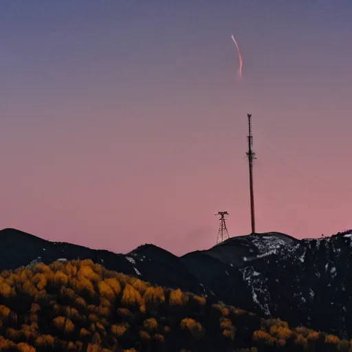 Image similar to Landscape of mountain at night with radio tower on top. Mist is covering the mountain. Yellow moon is behind radio tower.