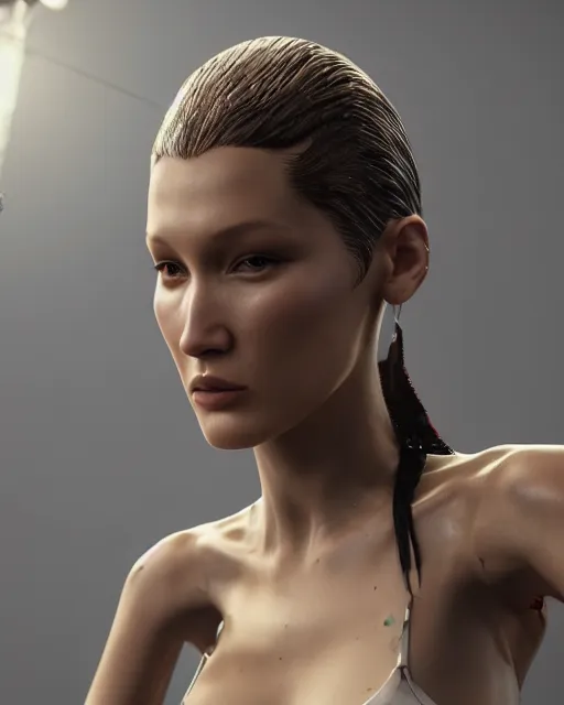 Prompt: a highly detailed metahuman 8 k close up render of bella hadid in style of hieronymus bosch trending on artstation made in unreal engine 4