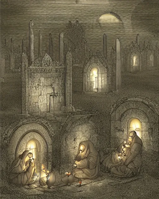 Image similar to monk possums at a medieval cemetery at night, highly detailed, digital art, isometric