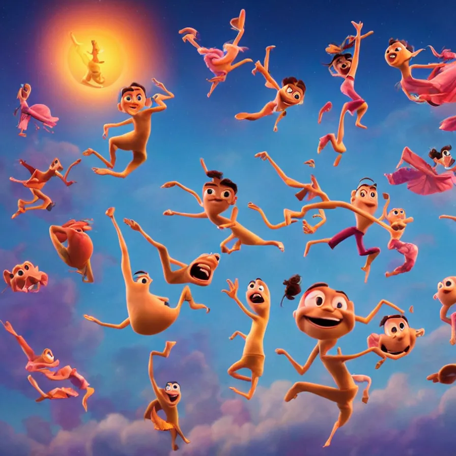 Image similar to full body shot of dancers dancing on the clouds, 3 d animated pixar!! illumination studios animated movie by pete docter, extremely happy smiling and eerie smiles, slimy fluid liquid