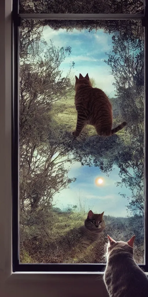 Image similar to photo of a cat watching a martian landscape from inside a futuristic window