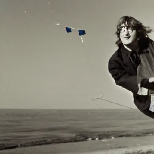 Prompt: John Lennon flying a kite and looking at you