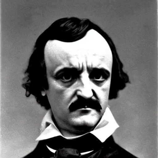 Image similar to a portrait of Edgar Allan Poe offering you the boof. Movie still.