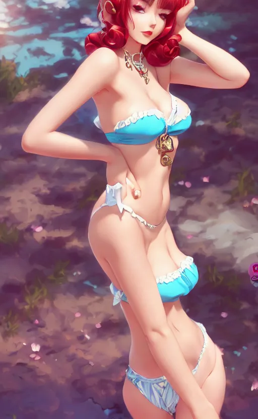 Image similar to a pin up and beautiful fashion charming dreamlkeanime cute girl in bikini with lv jewelry, character art, art by artgerm lau and kyoung hwan kim and and ilya kuvshinov and john singer sargent, hyperdetailed, 8 k realistic, symmetrical, frostbite 3 engine, cryengine, dof, trending on artstation, digital art