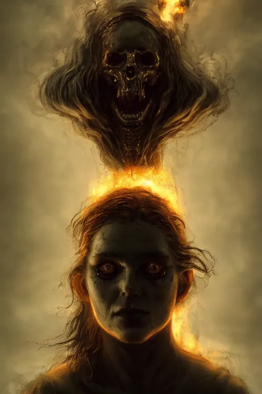 Prompt: portrait of a ghost burning in the ominous sky, illuminated by the gods, Cinematic lighting, insanely detailed, trending on artstation, golden ratio, concept art by Agesandro de Rodas & Emil Melmoth