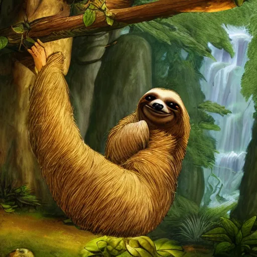 Prompt: a fantasy artwork of a sloth enjoying his abundance