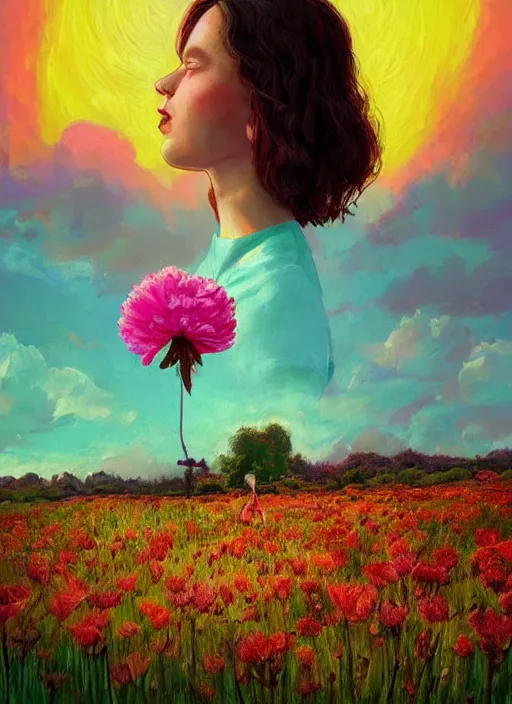 Image similar to portrait of a woman with a giant carnation as a face, flower field, surreal photography, sunset dramatic light, impressionist painting, colorful clouds, blue sky, digital painting, artstation, simon stalenhag