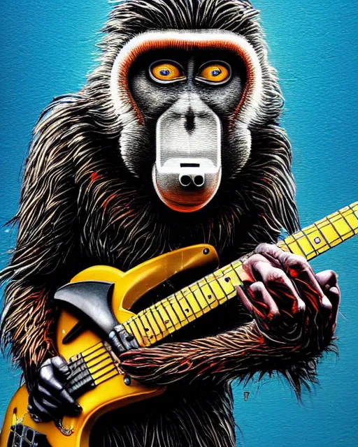 Image similar to a portrait of an anthropomorphic cyberpunk baboon shredding an electric guitar by sandra chevrier, by jon foster, detailed render, tape deck, epic composition, cybernetics, 4 k realistic, cryengine, realistic shaded lighting, sharp focus, masterpiece, by enki bilal