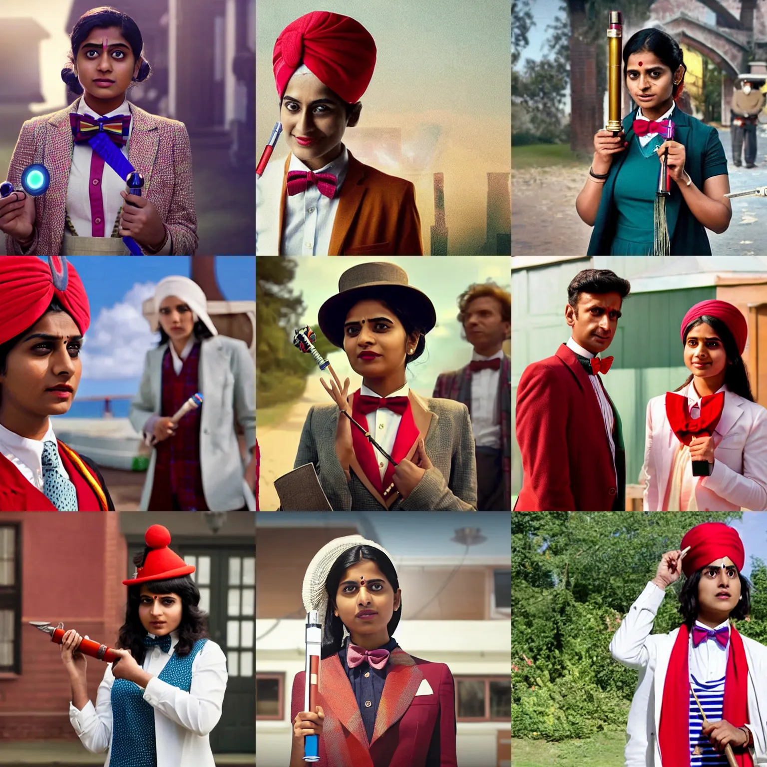 Prompt: A young Indian woman wearing a bow tie and fez, holding a sonic screwdriver, harsh overhead sunlight, midday, summer, tv still from BBC tv series 'Doctor Who' (2022)