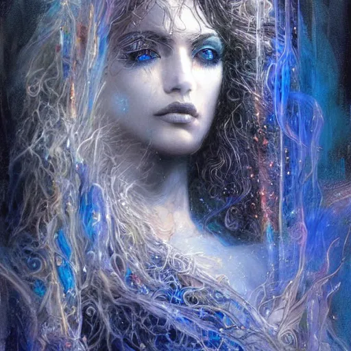 Image similar to masterpiece goddess of sorrow portrait, 3 0 years woman, melancholic face, long hair digital painting by louis royo and julie bell, dark tenebrous blue background, cinematic light, aura effect, some chaotic sparkles, wind, unreal engine, artstation, deviantart, pinterest