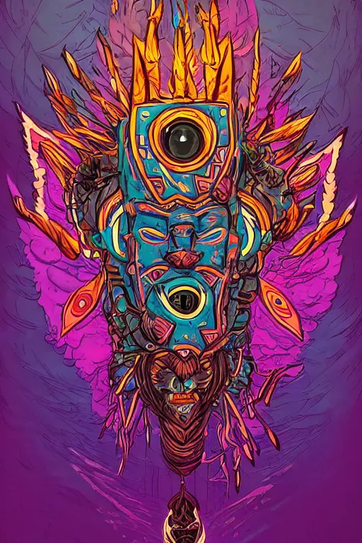 Image similar to totem animal tribal chaman vodoo mask feather gemstone plant wood rock video game illustration vivid color borderlands by josan gonzales and dan mumford radiating a glowing aura