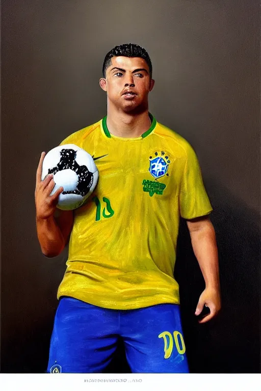 Prompt: portrait of ronaldo nazario holding a soccer ball, wearing the brazil soccer shirt, painting by rembrandt, high quality, very beautiful, detailed, 4 k