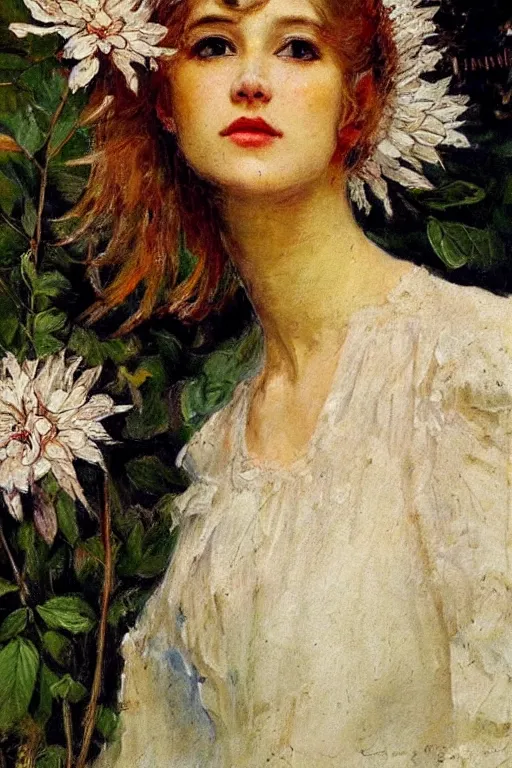 Image similar to close - up fashion woman portrait airy flowers clouds art by vasnetsov