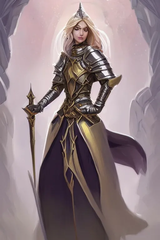 Prompt: a full body portrait of a gorgeous female paladin, D&D, choker on neck, stylish dress, very long flowing hair, intricate, elegant, stylish, cute slightly nerdy smile, mouth slightly open, fantasy, extremely detailed, digital painting, artstation, concept art, smooth, sharp focus, illustration, art by artgerm and greg rutkowski and alphonse mucha