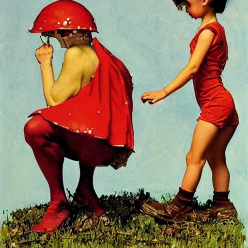 Prompt: Mushroom-based superheroine. A painting by Norman Rockwell.