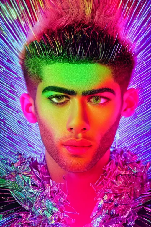 Image similar to hyper detailed ultra sharp portrait of baroque and bladerunner delicate neon ruby sculpture of seductive albino zayn malik gorilla green radioactive humanoid deity wearing metallic hoody made out of leaves holding the sun prismatic dungeon, glowing rainbow face, crown of white diamonds, cinematic lighting, photorealistic, octane render 8 k depth of field 3 d