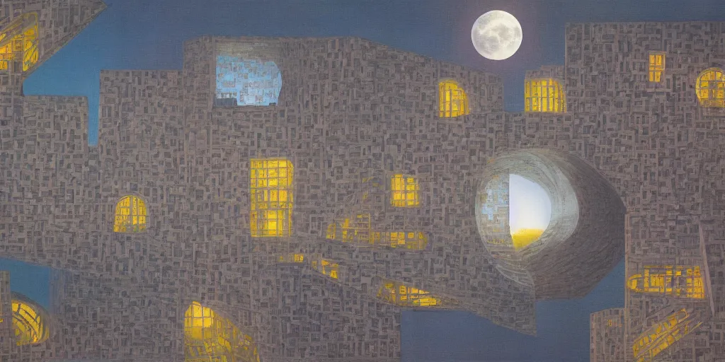 Prompt: fantasy city with moon by STEVEN HOLL trending on artsation