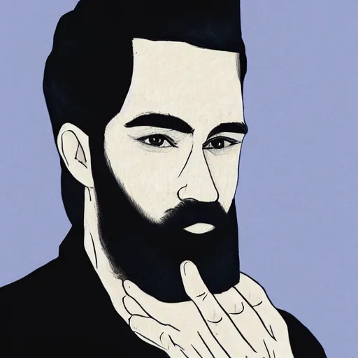 Prompt: a drawing of a man with black hair and beard, wearing a black jacket, white shirt and blue jeans, holding his hands up to his face, illustration, realistic, 8 k, atmospheric, moody, in the style of diego koi, art by alyssa monk