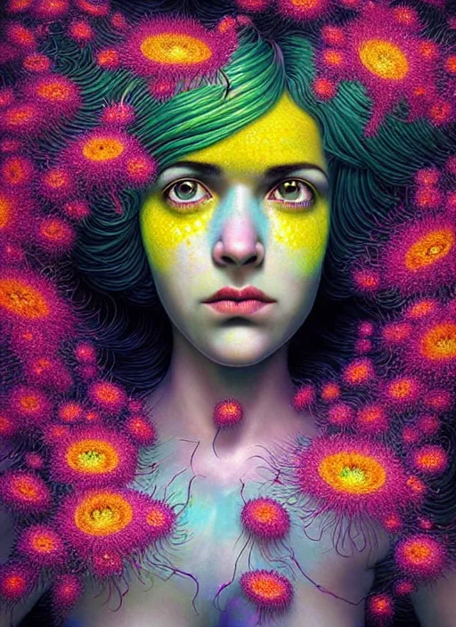 Image similar to hyper detailed 3d render like a Oil painting - Ramona Flowers with wavy black hair wearing thick mascara seen Eating of the Strangling network of colorful yellowcake and aerochrome and milky Fruit and Her staring intensely delicate Hands hold of gossamer polyp blossoms bring iridescent fungal flowers whose spores black the foolish stars by Jacek Yerka, Mariusz Lewandowski, Houdini algorithmic generative render, Abstract brush strokes, Masterpiece, Edward Hopper and James Gilleard, Zdzislaw Beksinski, Mark Ryden, Wolfgang Lettl, Dan Hiller, hints of Yayoi Kasuma, octane render, 8k