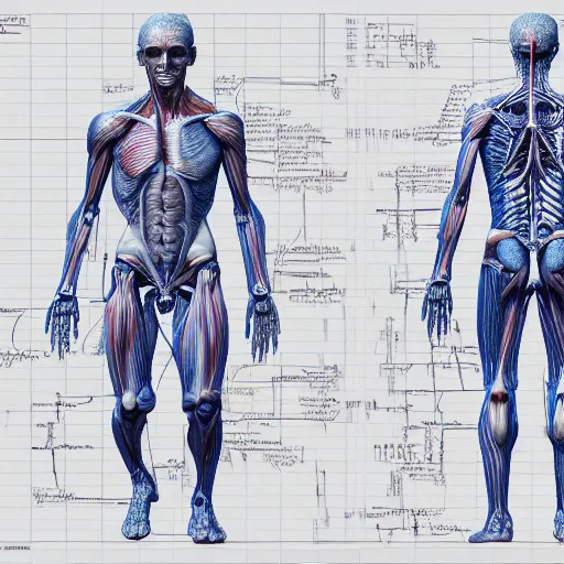 Image similar to a concept of a detailed and intricate design of a full body of human anatomy, 3 d design, great finesse organic hyper detailed, engineering blueprints, technical drawings, calculus, stained paper, hyperrealistic, ultra detailed, 4 k, octane render, unreal engine