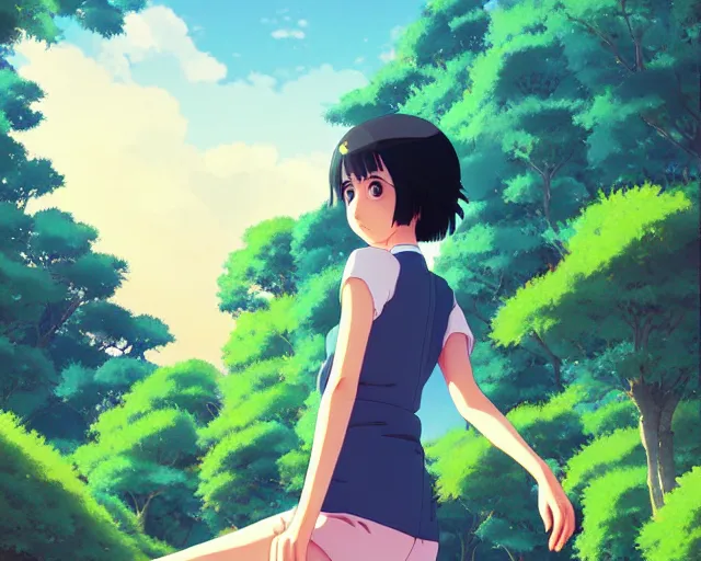 Image similar to hinata hyuga, park in background, bokeh. anime masterpiece by Studio Ghibli. illustration, sharp high-quality anime illustration in style of Ghibli, Ilya Kuvshinov, Artgerm