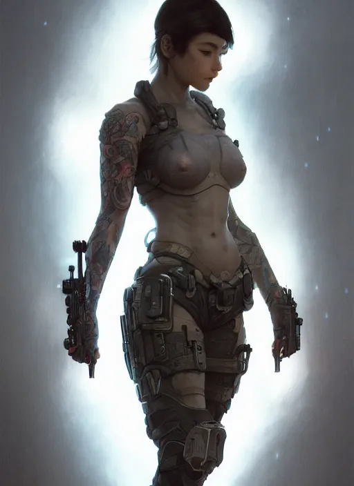 Image similar to girl covered with tattoos wearing tactical gear, intricate lights, bio luminescent, plasma, by ruan jia and artgerm and range murata and wlop and ross tran and william - adolphe bouguereau and beeple. key art. fantasy illustration. award winning, artstation, intricate details, realistic, hyperdetailed, 8 k resolution.