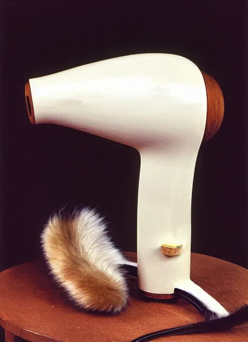 Image similar to realistic photo of a a medieval ritual chemistry appliance hairdryer, made of wood white clay and fur with black wires 1 9 9 0, life magazine reportage photo, natural colors, metropolitan museum collection