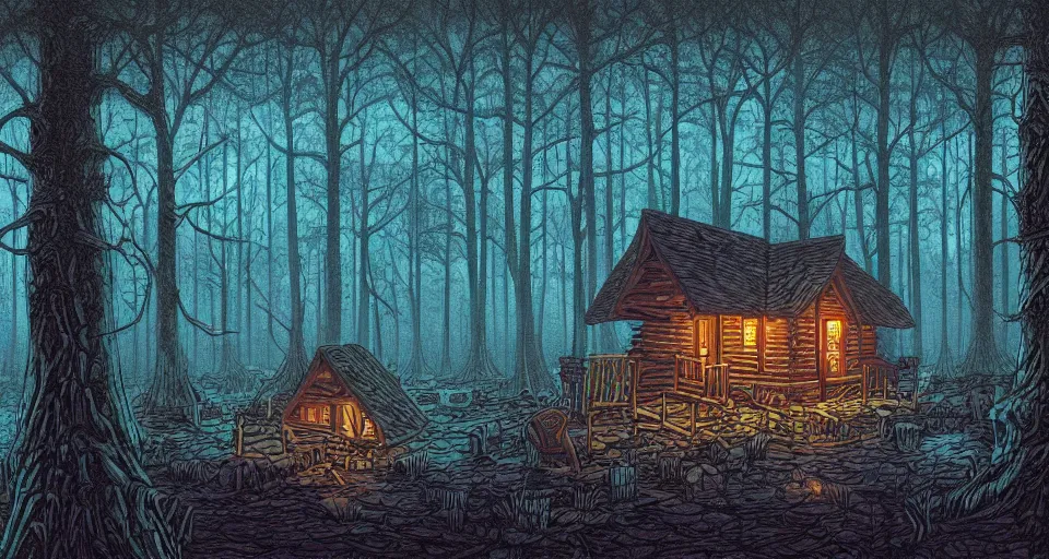 Prompt: A cozy cabin in a dense and dark enchanted forest with a swamp, by Dan mumford