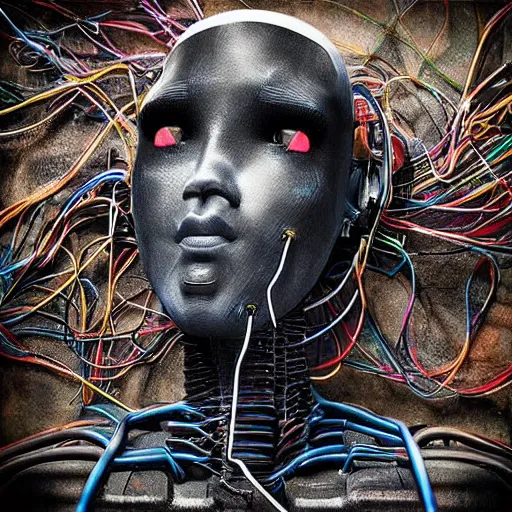 Image similar to “ hyperreal 8 k drawing art station trending of humanoid robot made from wiring and steel debris found in a scrapyard ”