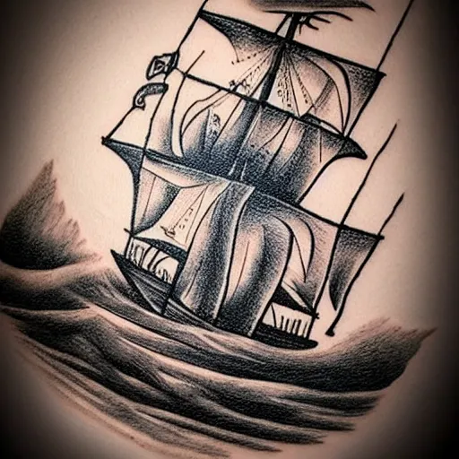 Image similar to a pirate ship sailing in the sea, realism tattoo design with amazing shades, clean white paper background, in the style of david vega