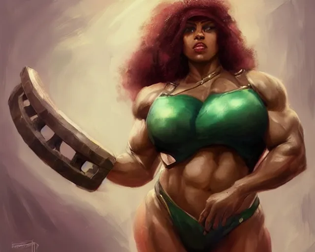 Image similar to portrait of illaoi from league of legends as a beautiful female bodybuilder amazon with plump lips, elegant, fantasy, hd shot, digital portrait, beautiful, artstation, comic style, by artgerm, guy denning, jakub rozalski, magali villeneuve and charlie bowater