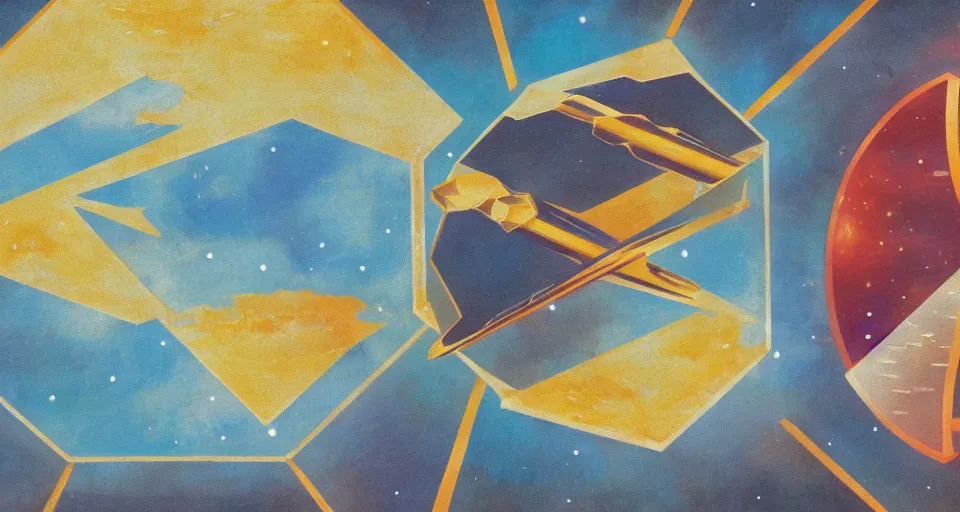 Prompt: hexagon shield in space, blocking the sun, earth in the foreground, art deco painting