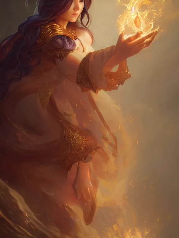 Prompt: young summoner with a fire elemental, fantasy, female, thick robes, intricate, elegant, highly detailed, digital painting, artstation, concept art, wallpaper, smooth, sharp focus, illustration, art by artgerm and greg rutkowski and alphonse mucha