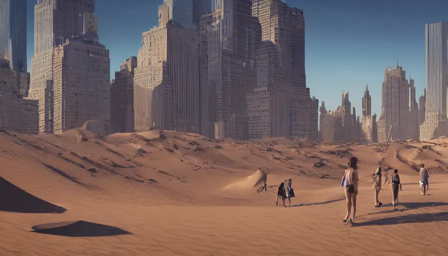 Image similar to new york city under tons of sans, sand dunes, people walking, heat wave, hyperdetailed, artstation, cgsociety, 8 k