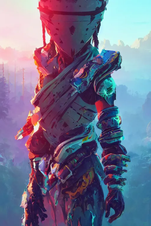 Image similar to combination suit armor aloy horizon forbidden west horizon zero dawn radiating a glowing aura global illumination ray tracing hdr fanart arstation by ian pesty and alena aenami artworks in 4 k tribal robot ninja mask helmet backpack