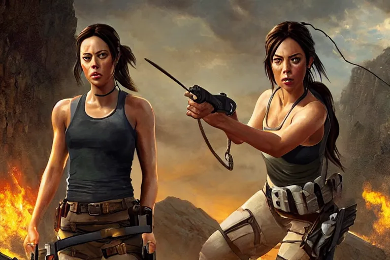 Image similar to film still of aubrey plaza as lara croft, an oil painting by ross tran and thomas kincade