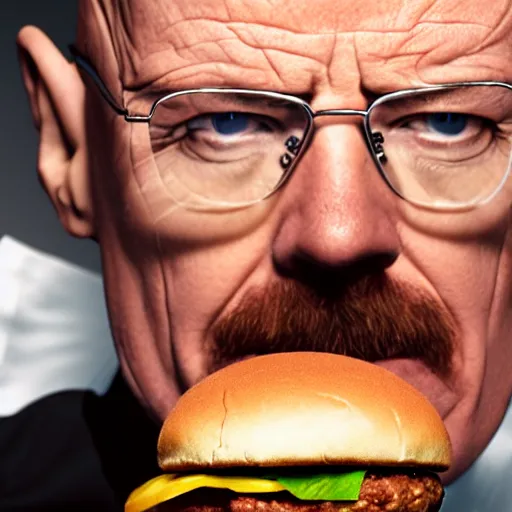 Prompt: walter white observing a hamburger with lens focusing, hd 4 k photo