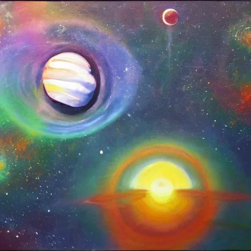 Image similar to alan watts on lsd, oil painting, space, planets, smoke, dreamy