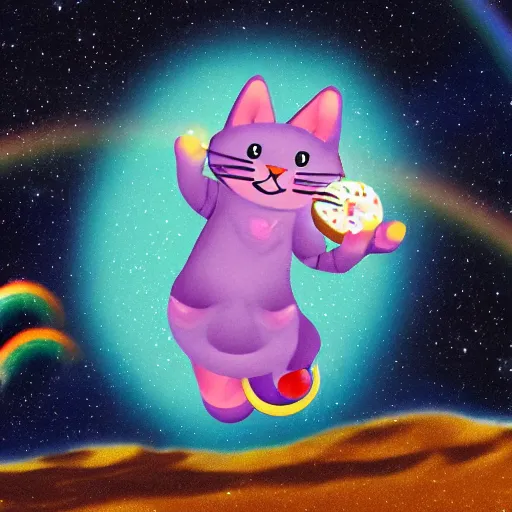 Prompt: cat with a pop sprinkle doughnut body flying though space shooting rainbows