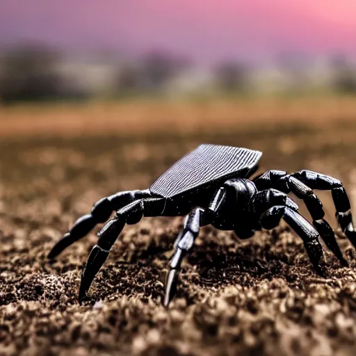 Image similar to a mechanical scorpion in a field surrounded by nanobots