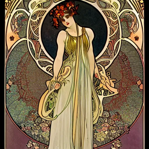 Image similar to persephone as goddess of death, painted by alphonse mucha