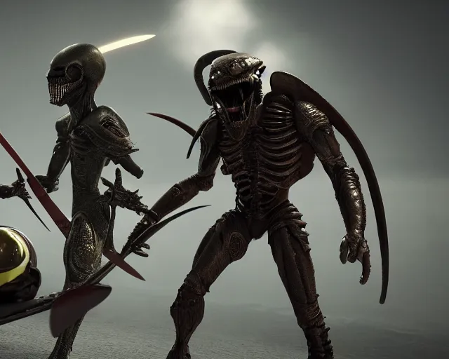 Prompt: sword fight between alien and predator, pixar animation, dreamworks, octane render, dramatic