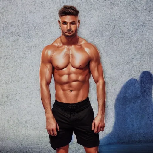 Prompt: a realistic detailed photo of a handsome attractive guy who is taking part in love island, shirtless, short hair, full body shot, showing off his muscles, great detailed face